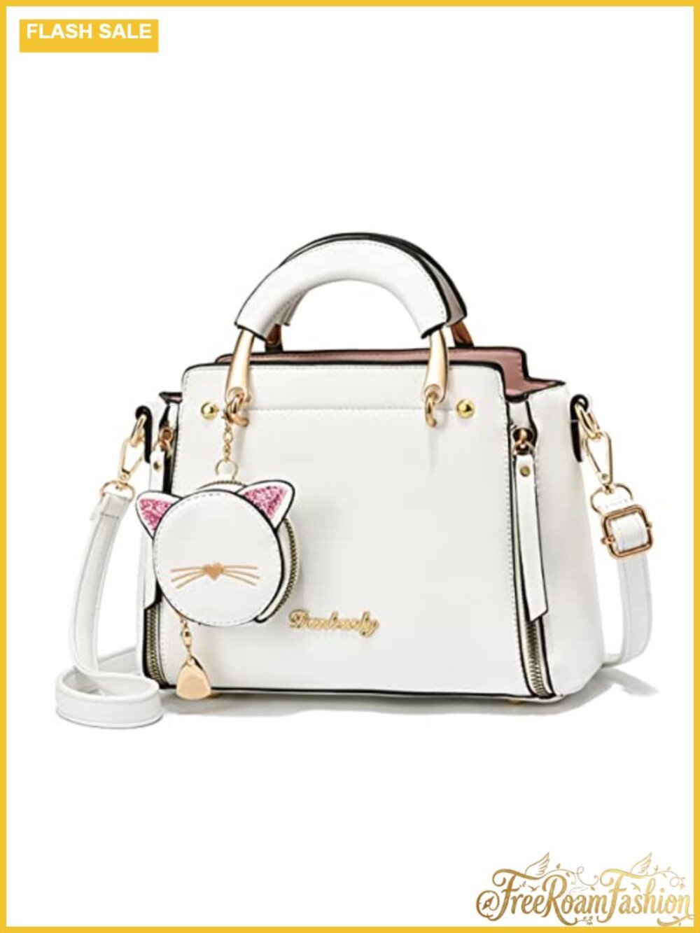 PU Leather Satchel Crossbody Bag with Kitten Pendant Mini Tote Purse